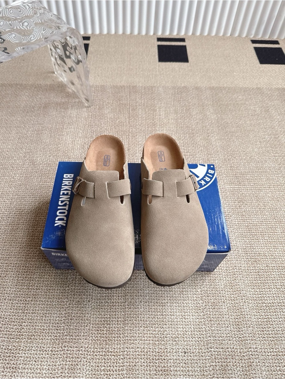Birkenstock Boston taupe suede mule clogs